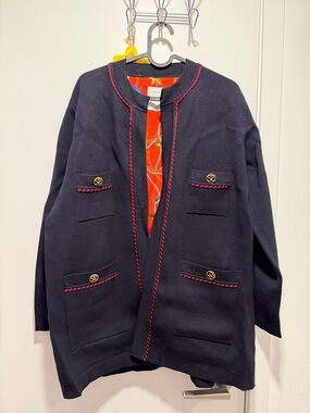 Sandro Navy Open-Front Cardigan with Red Trim